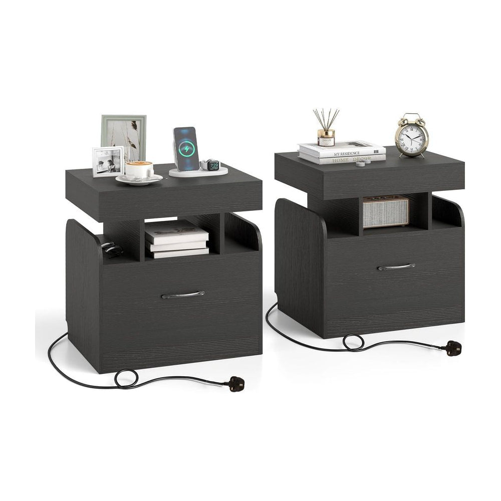 Nightstand with Charging Station Set of 2, two black bedside tables with drawers and charging ports