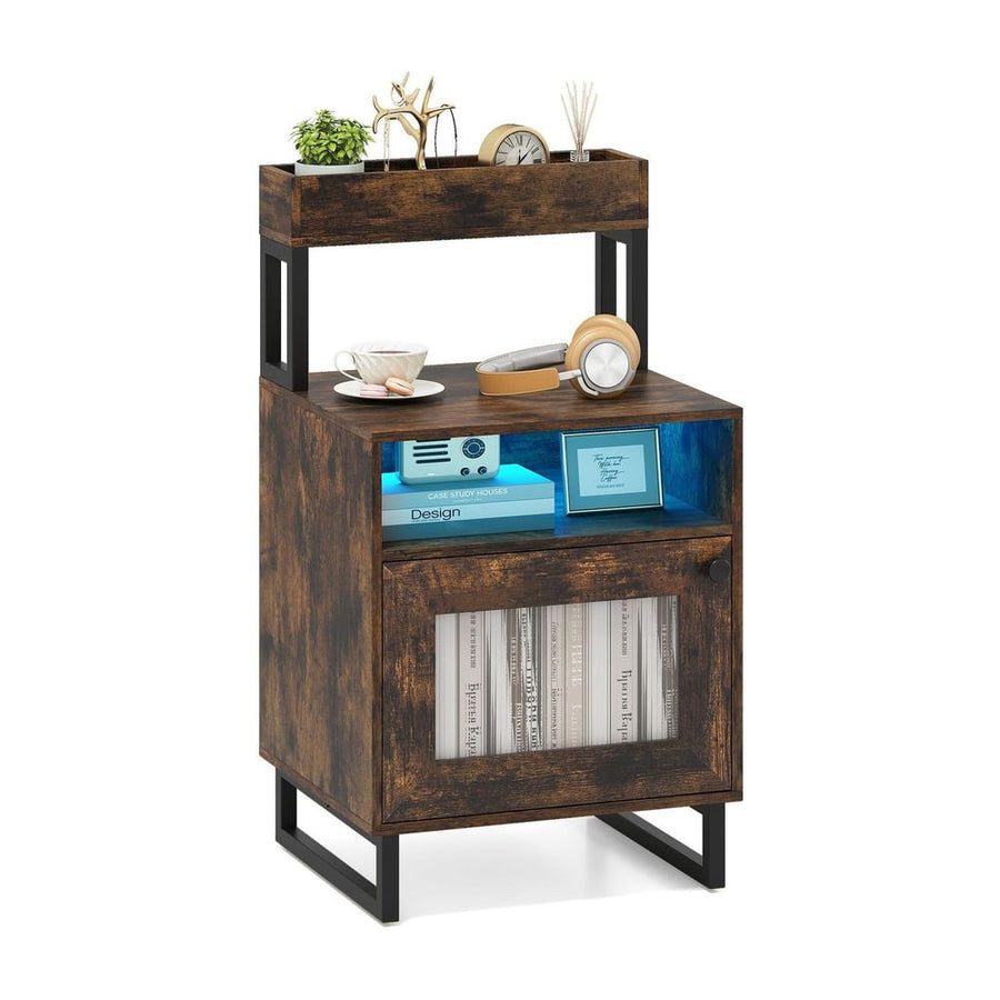 Nightstand with LED Lights Modern End Table with Top Tray-Rustic Brown