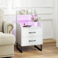 Nightstand Modern Bedside Table with Built-in Charging Station-White