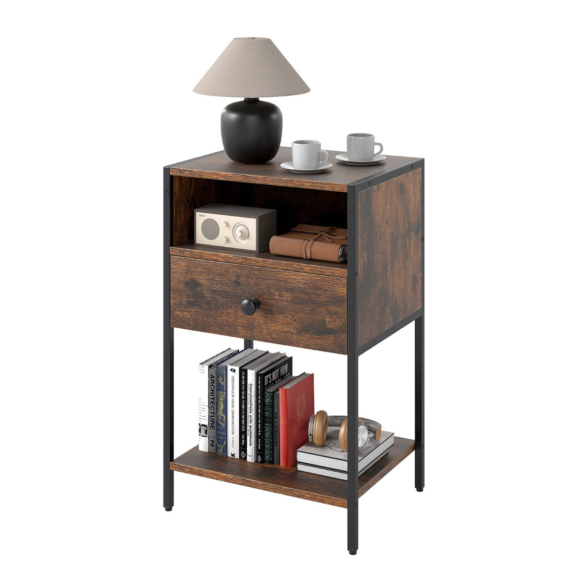 Nightstand with Open Compartment and Storage Shelf-Rustic Brown