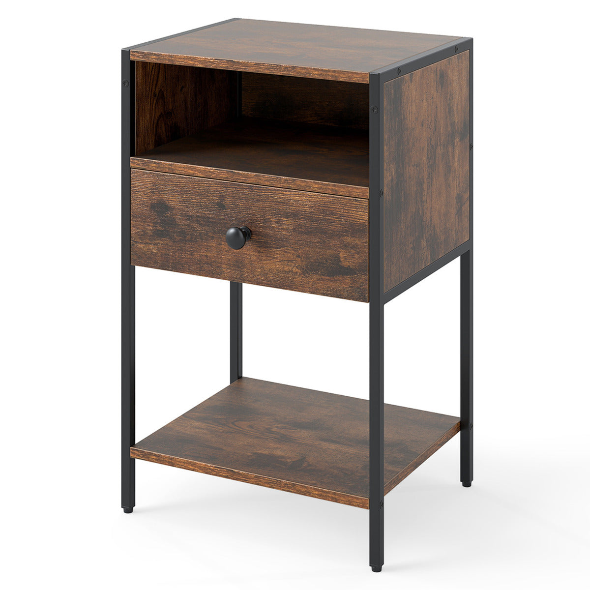 Nightstand with Open Compartment and Storage Shelf-Rustic Brown