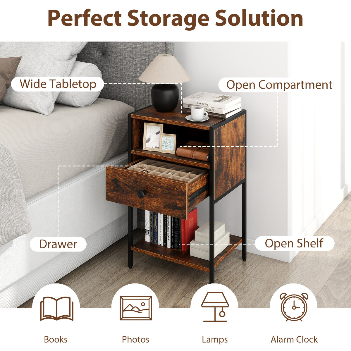 Nightstand with Open Compartment and Storage Shelf-Rustic Brown