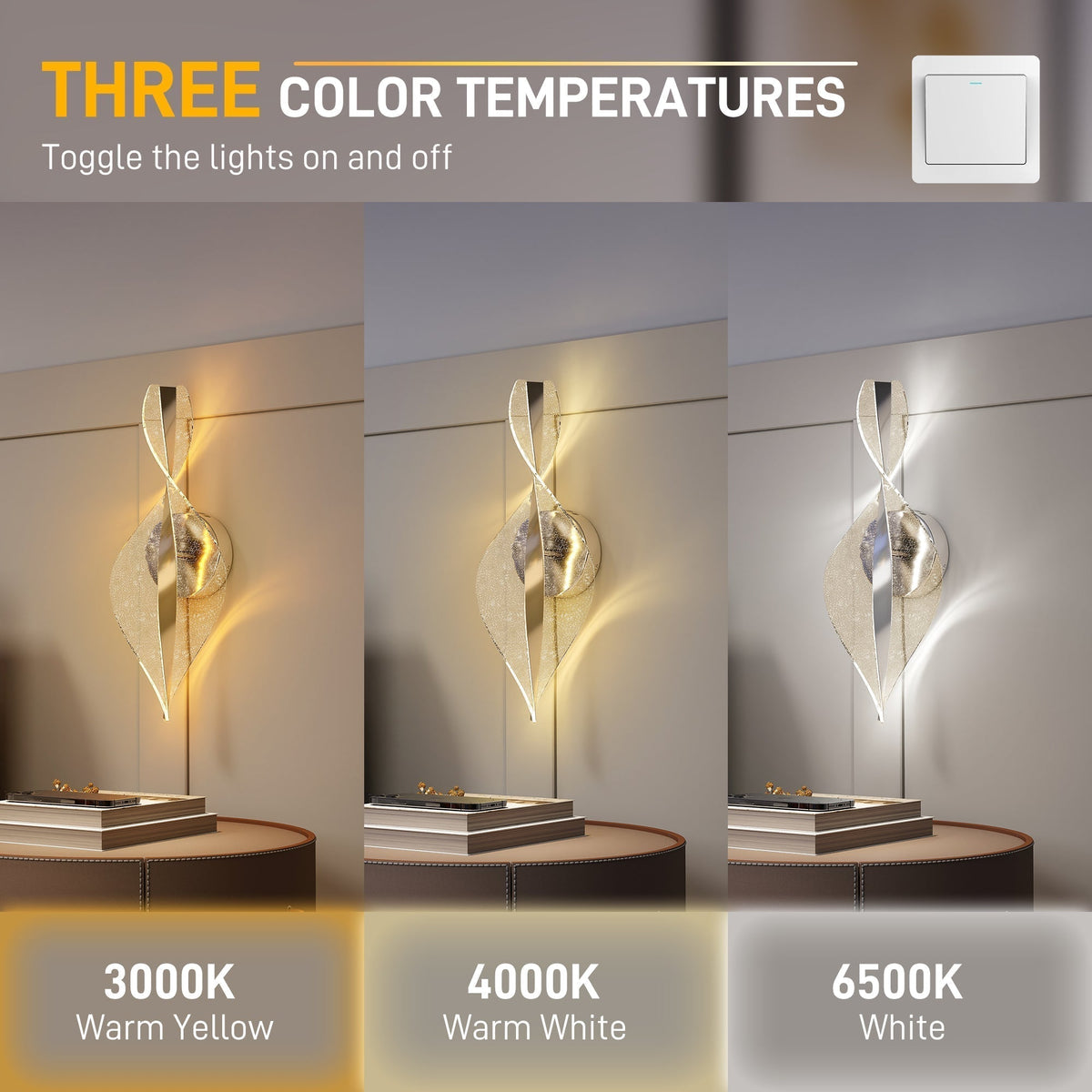 HOMCOM Led Wall Lamp 2 Pack, 13W Modern Indoor Spiral Wall Light, Colour Temperature Adjustable 3000K/4000K/6500K, for Bedroom, Living Room, Hallway, Stairs, Silver Tone