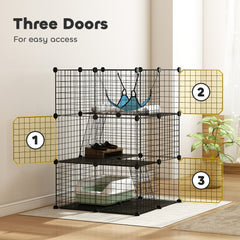 PawHut Indoor Cat Cage DIY Customizable 3-Tier Indoor Cat Enclosure with 3 Doors and Hammock 105 cm Black