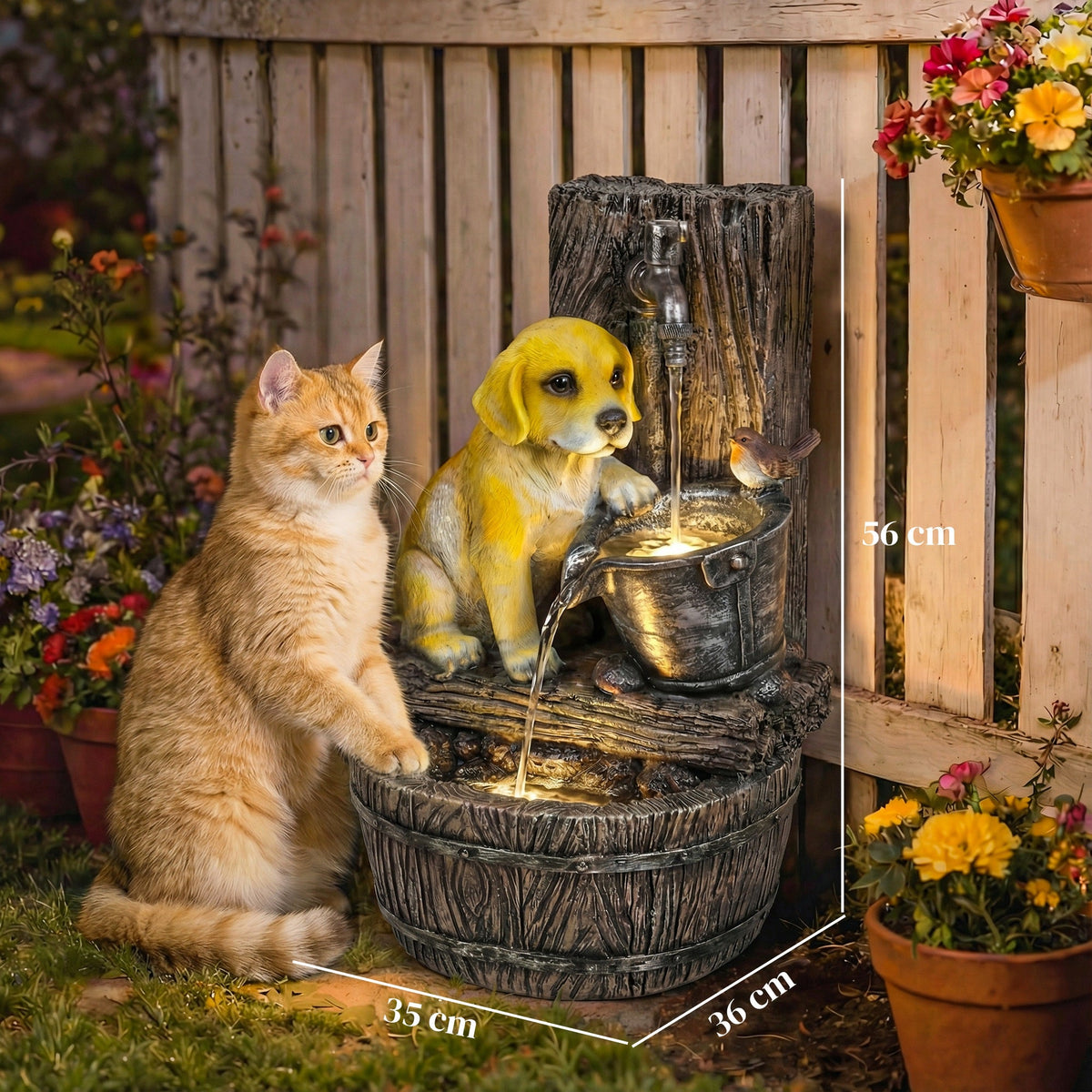 Outsunny Garden Water Feature with 3-Tier Rustic Puppy Design, Freestanding Resin with LED Lights, Adjustable Flow, Rustic Brown