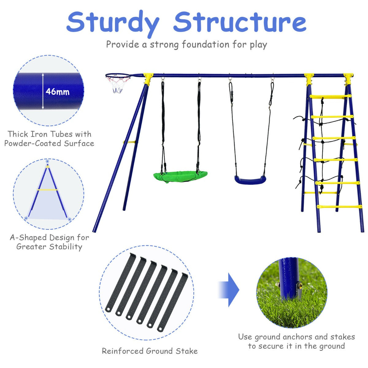 Kids Swing Set with Basketball Hoop and Climbing Ladder