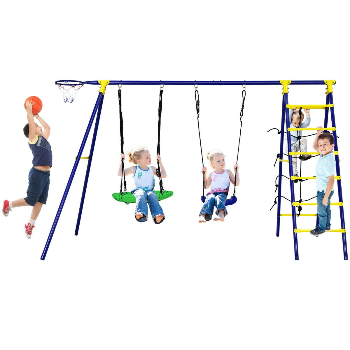 Kids Swing Set with Basketball Hoop and Climbing Ladder