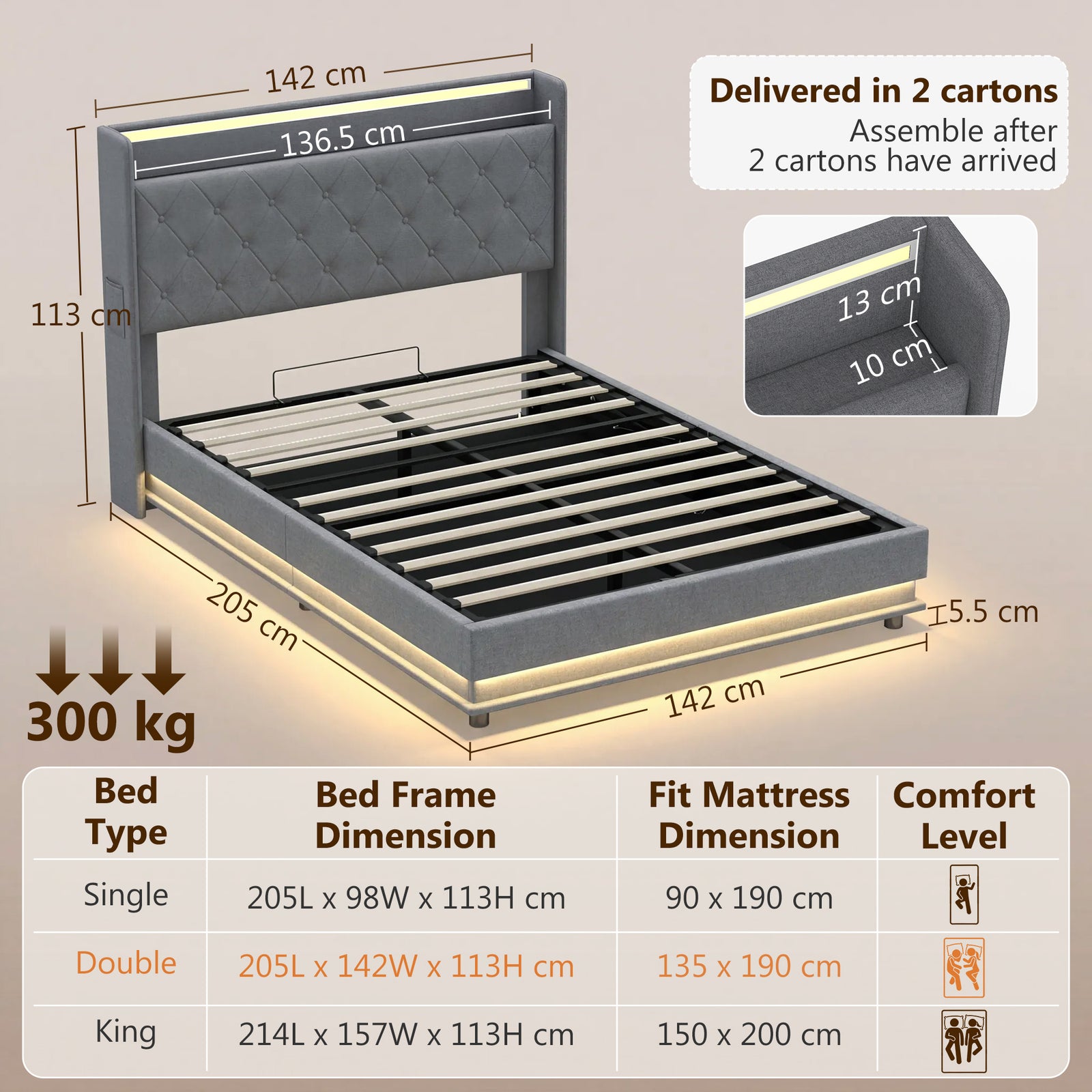HOMCOM 4ft6 Double Bed Frame with Headboard, Platform Bed Frame with Hydraulic Storage, LED Lights and Charging Station, Grey