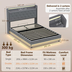 HOMCOM 4ft6 Double Bed Frame with Headboard, Platform Bed Frame with Hydraulic Storage, LED Lights and Charging Station, Grey
