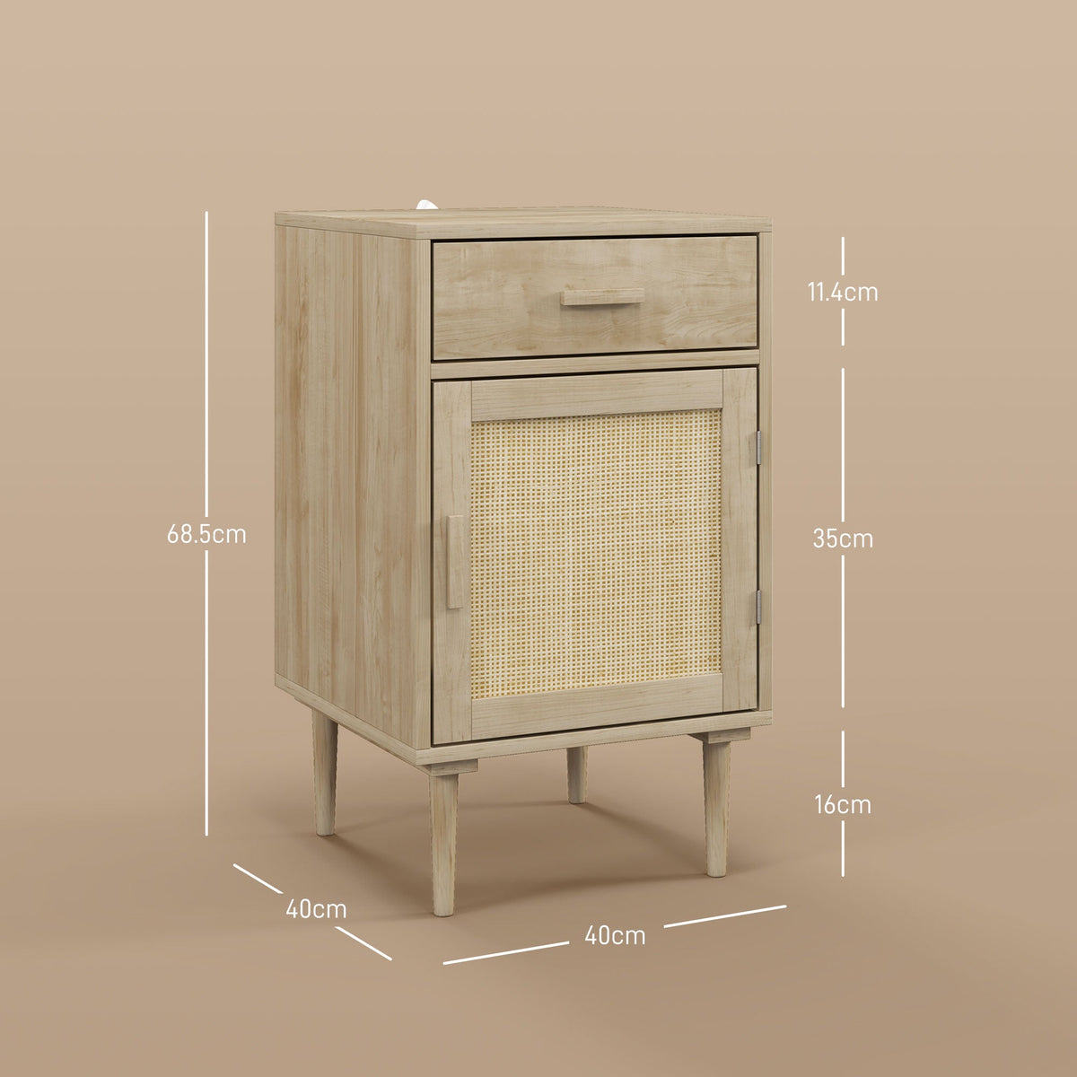 HOMCOM Bedside Tables Set of 2, Rattan Side Tables with Drawer, Cabinet and Adjustable Shelf, Boho Bedside Cabinets with Storage for Bedroom, Living Room, Natural Wood Finish