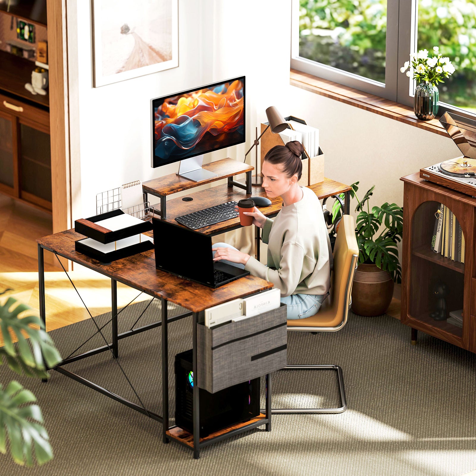 HOMCOM 168cm Reversible L Shaped Desk, Industrial Corner Computer Desk with Adjustable Shelf and Storage Bag, 240cm 2 Person PC Table with Monitor Stand, Rustic Brown