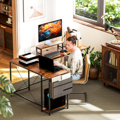 HOMCOM 168cm Reversible L Shaped Desk, Industrial Corner Computer Desk with Adjustable Shelf and Storage Bag, 240cm 2 Person PC Table with Monitor Stand, Rustic Brown