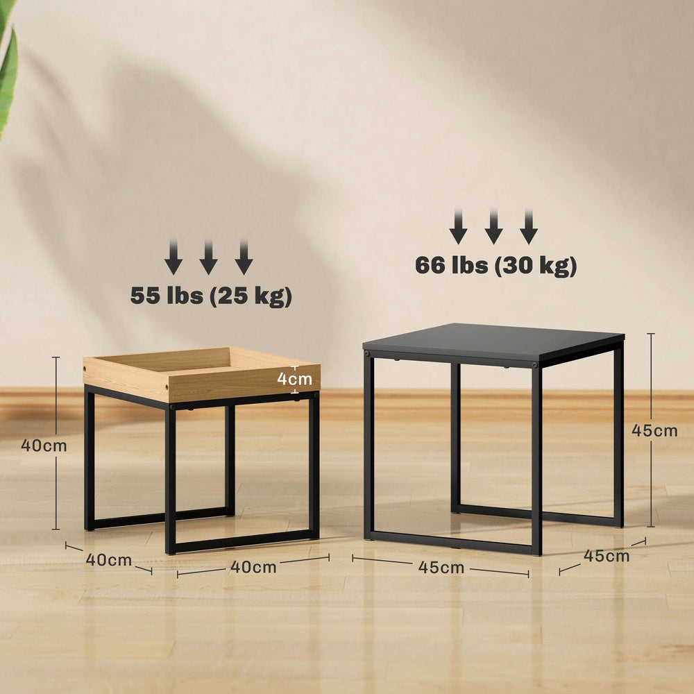 The two coffee tables with dimensions and weight capacity indicated