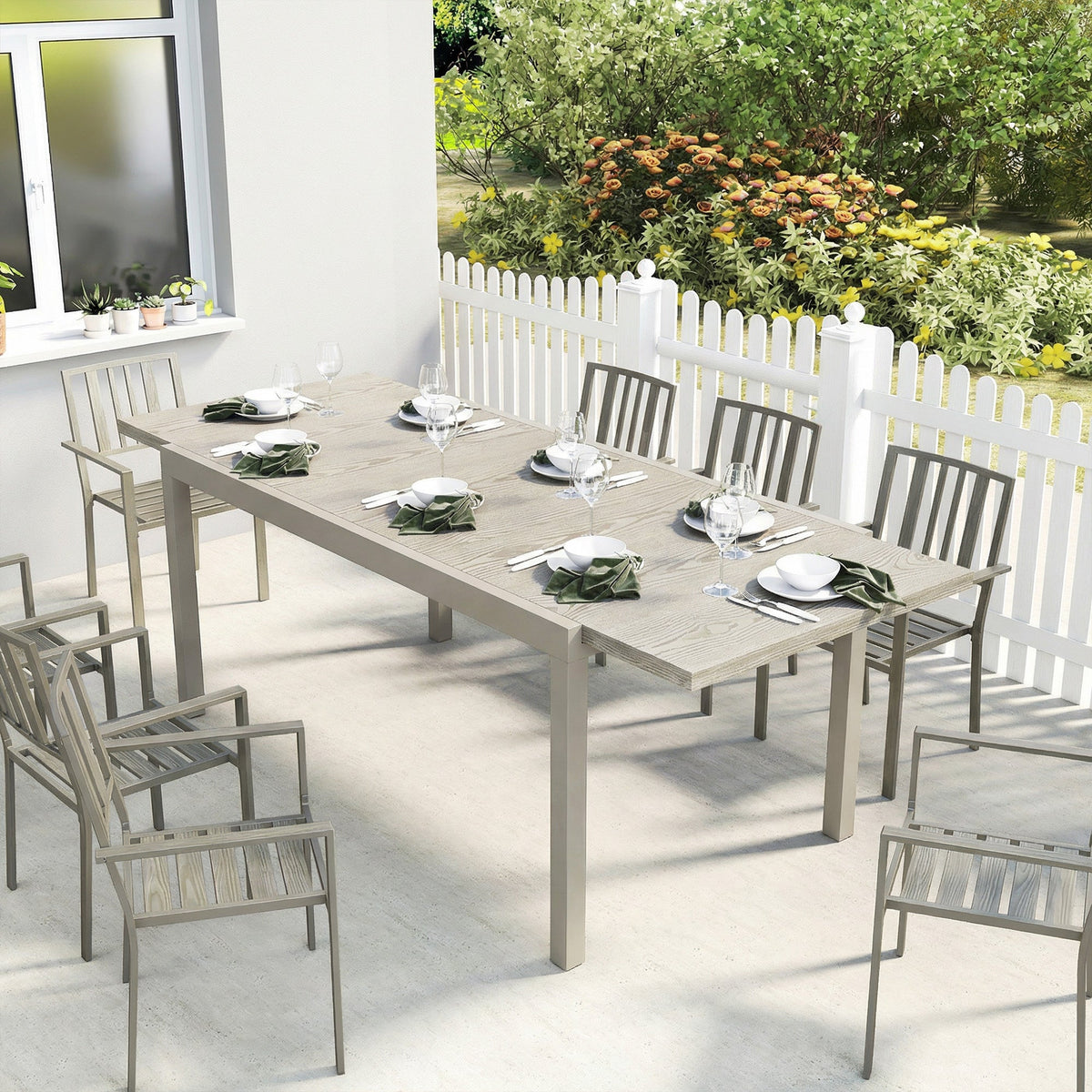 Outsunny Extending Garden Table, Aluminium Outdoor Dining Table for 8-10 with Wood-Like Grained Surface, Light Grey Wood Effect