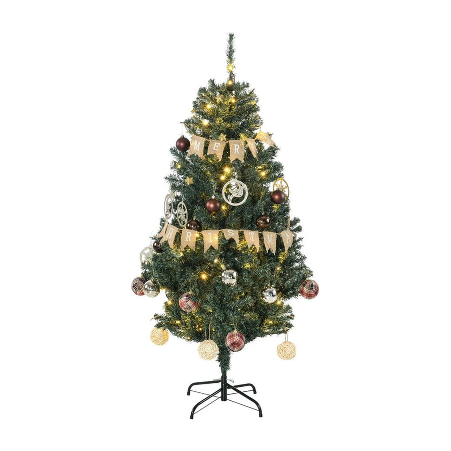 HOMCOM 5' Artificial Prelit Christmas Trees Holiday Décor with Warm White LED Lights, Decoration, Banner, Tag, Ball