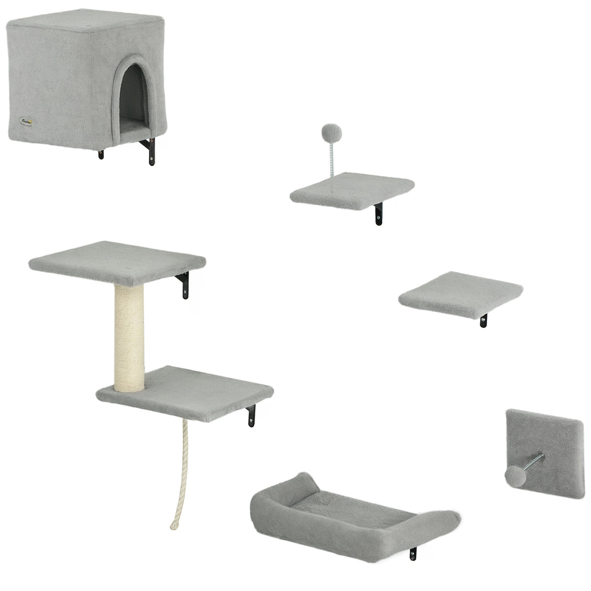 PawHut 6-Piece Cat Wall Shelves Set with Condo, Cat Wall Furniture with Platforms, Sisal Scratching Post, Bed, Toy Ball, Grey