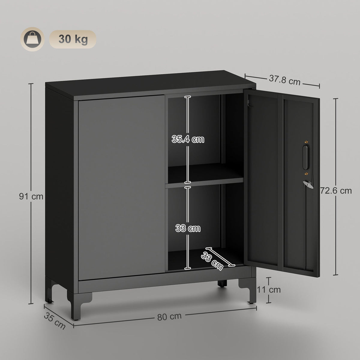 HOMCOM Lockable Metal Filing Cabinet, 2-Tier Storage Cupboard with Double Doors, Modern Office Organiser, Black
