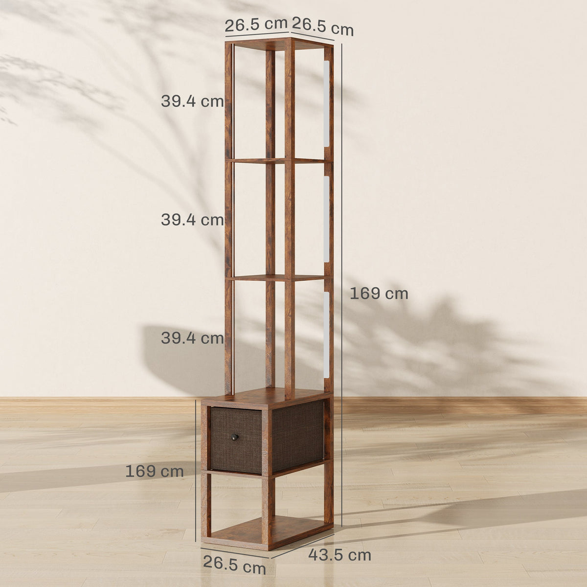 HOMCOM Floor Lamp with Shelves, LED Column Modern Standing Lamp with Fabric Drawer, Adjustable Brightness, Foot Switch for Living Room, Bedroom, Office, Rustic Brown