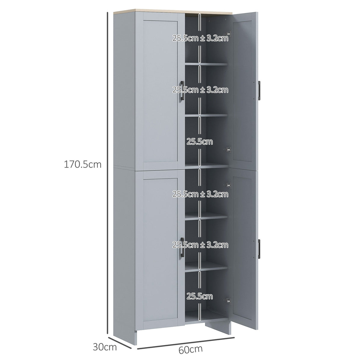 HOMCOM Freestanding Kitchen Cupboard, 4-Door Storage Cabinet with Adjustable Shelves, Modern Kitchen Pantry for Dining Room, 170cm, Grey