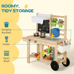 AIYAPLAY Mud Kitchen with Real Water Faucet Pretend Play Kitchen Playset with Sink and Storage Natural Wood