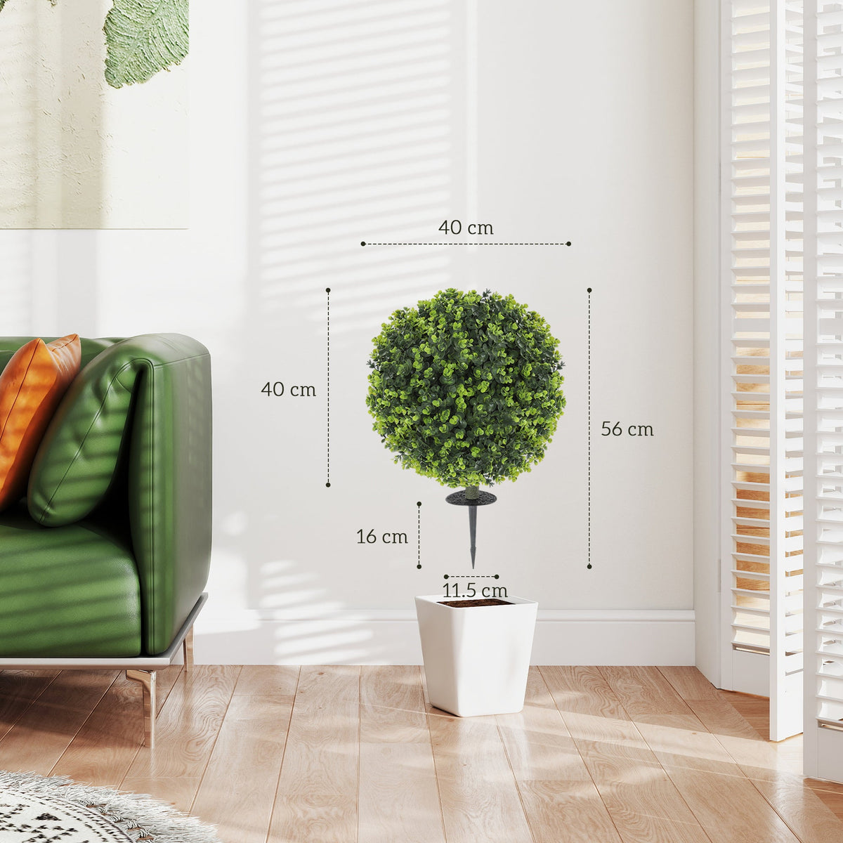 HOMCOM Set of 2 40 cm Artificial Boxwood Topiary Ball Bush with Integrated Ground Stake, Eucalyptus Leaves, Indoor Outdoor UV Resistant Faux Greenery, Faux Plants for Garden, Porch, Balcony