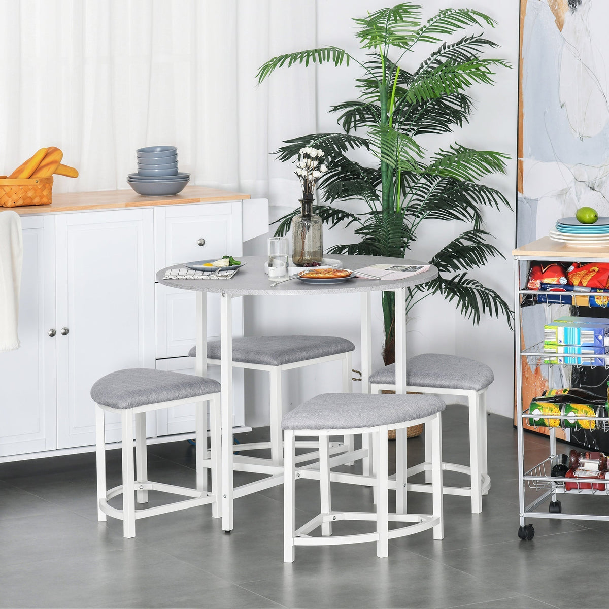 HOMCOM Modern Round Dining Table Set with 4 Upholstered Stools for Dining Room, Kitchen, Grey