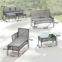 Outsunny 3 Piece Rattan Garden Furniture Corner Sofa Set with Chaise Lounge, Loveseat, Glass Coffee Table, Cushions, Dark Grey