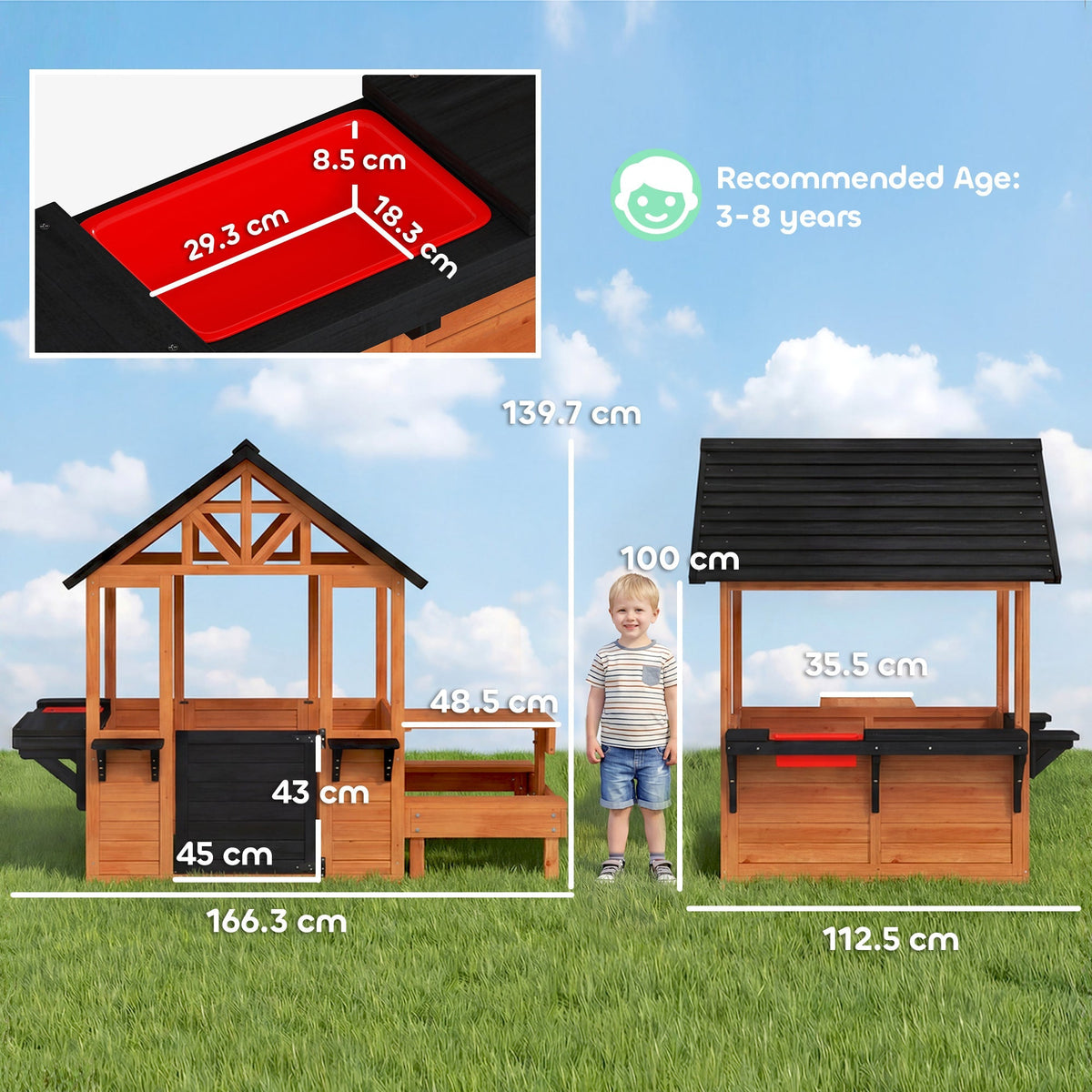 AIYAPLAY Wooden Playhouse Playhouse for Kids with Table, Benches, Sink Table, Windows, Flowerpot Holders, for Ages 3-8, Brown