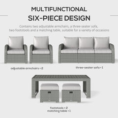Outsunny Six-piece Outdoor Rattan Dining Set, Outdoor Sofa Set with Reclining Armchairs and Mental Frame, Grey