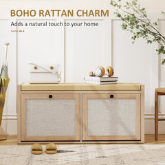 HOMCOM Rattan Shoe Bench with Padded Cushion and 2 Cabinets for Hidden Storage, Oak Wood Effect