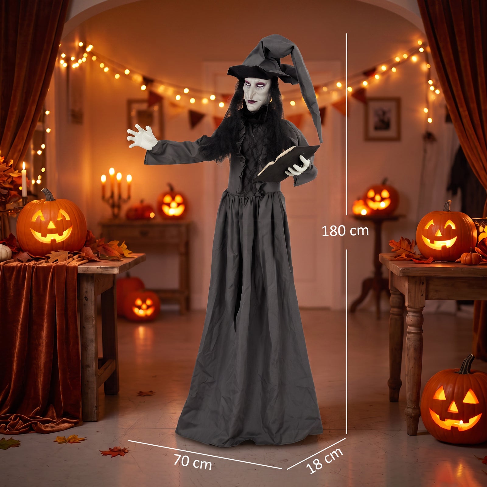 HOMCOM 180cm Life Size Animated Witch Halloween Decorations Outdoor Indoor, Scary Halloween Animatronics Decor