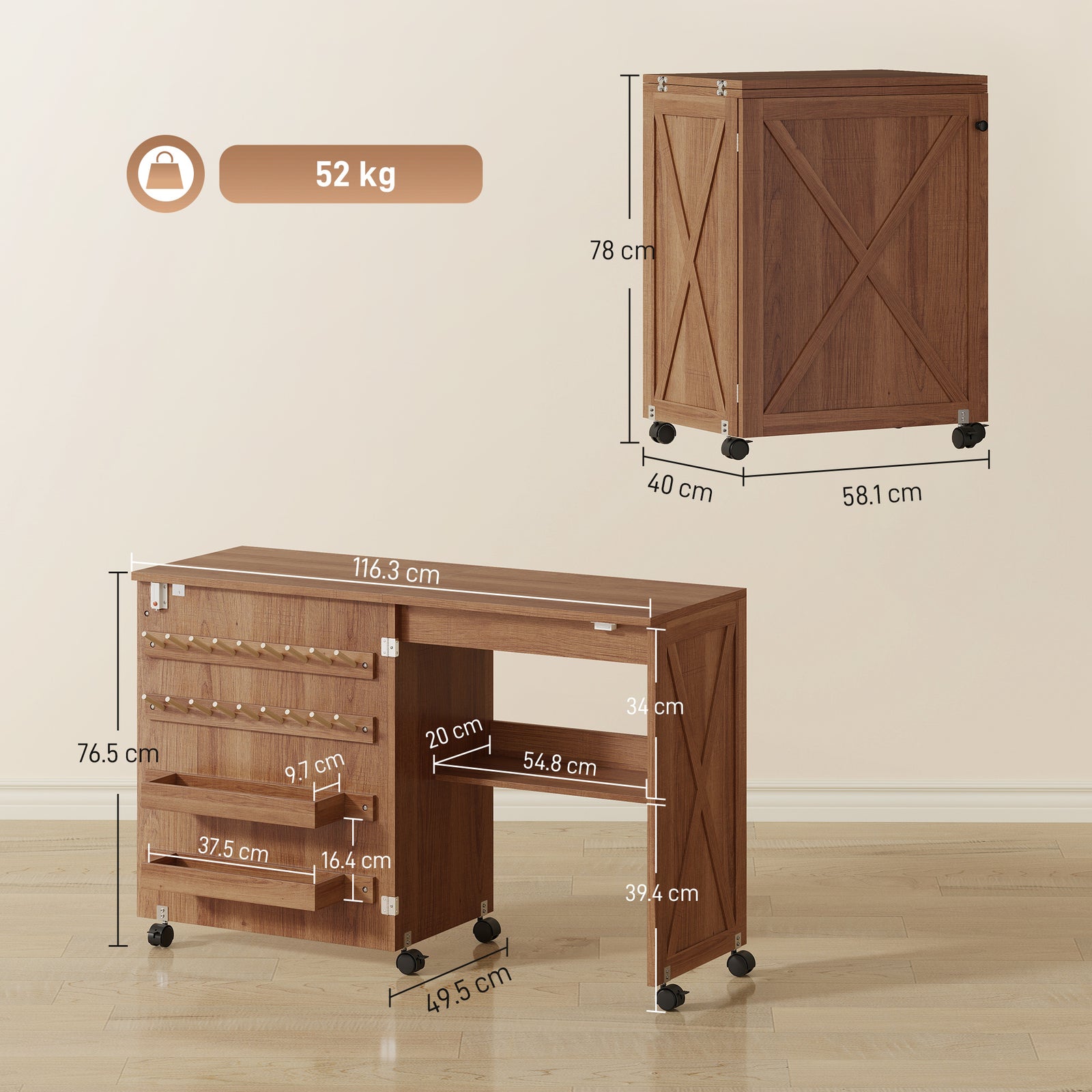 HOMCOM Folding Sewing Table, Rolling Craft Table with Storage compartments, Shelf and Lockable Casters for Small Spaces, Brown