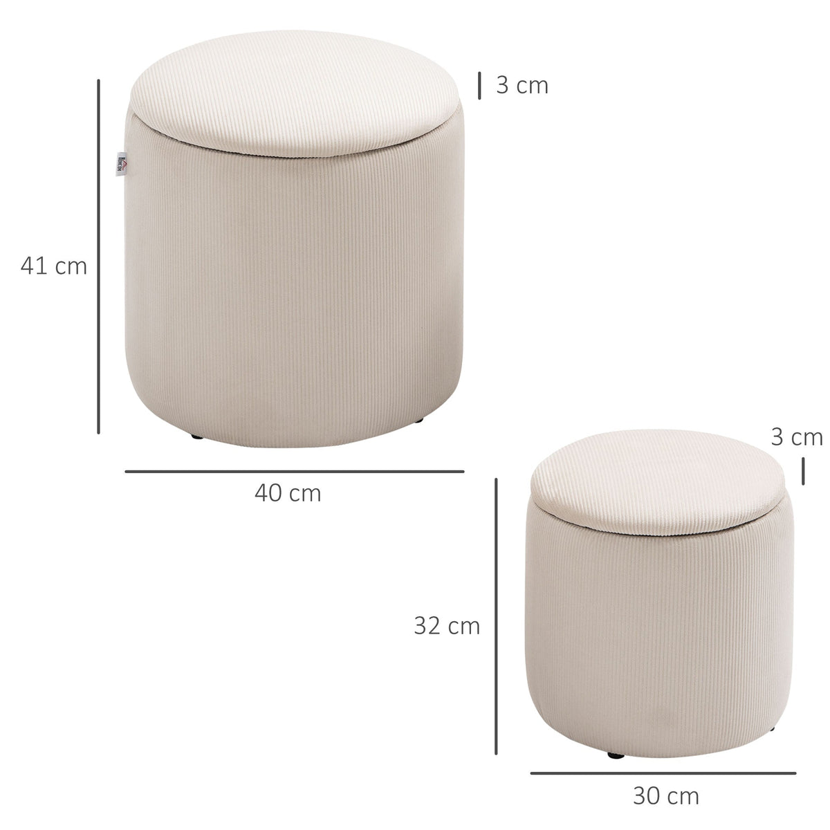 HOMCOM Set of 2 Round Ottoman with Storage, Fabric Vanity Stool for Makeup, Footrest Stool with Removable Lid for Living Room & Bedroom, Cream White