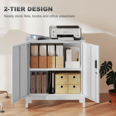 HOMCOM Lockable Metal Filing Cabinet, 2-Tier Storage Cupboard with Double Doors, Modern Office Organiser, White