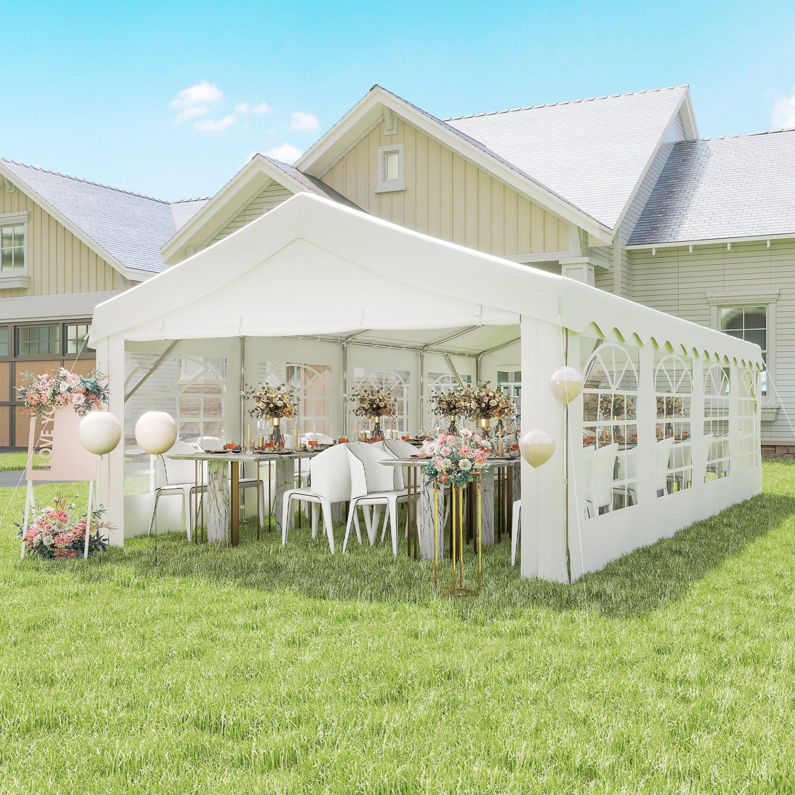 Outsunny 8m x 4m Garden Gazebo Marquee Wedding Shelter Level 4 Wind Protection, White
