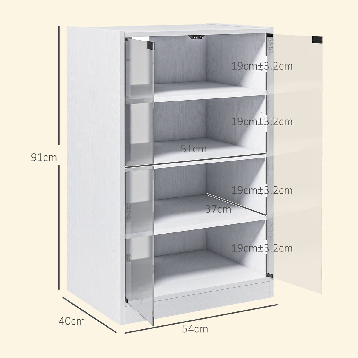 HOMCOM 4-Tier Hi-Fi Stand, Record Player Stand with Adjustable Shelves and Push-to-Open Glass Doors, White Wood-Effect
