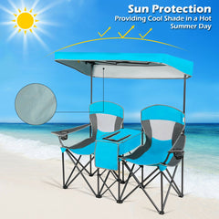 Double Folding Camping Chair with Canopy and Armrests-Blue