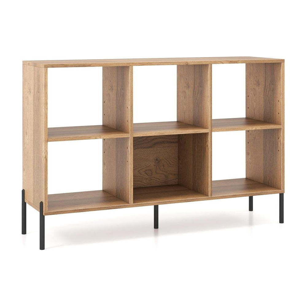 Open-Back Wood Bookshelf Storage Rack with 6 Compartments in natural wood finish with black legs