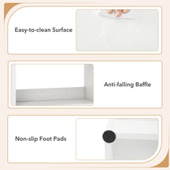 White bookcase with drawer and eight open cubes, showing easy-to-clean surface, anti-falling baffle and non-slip foot pads