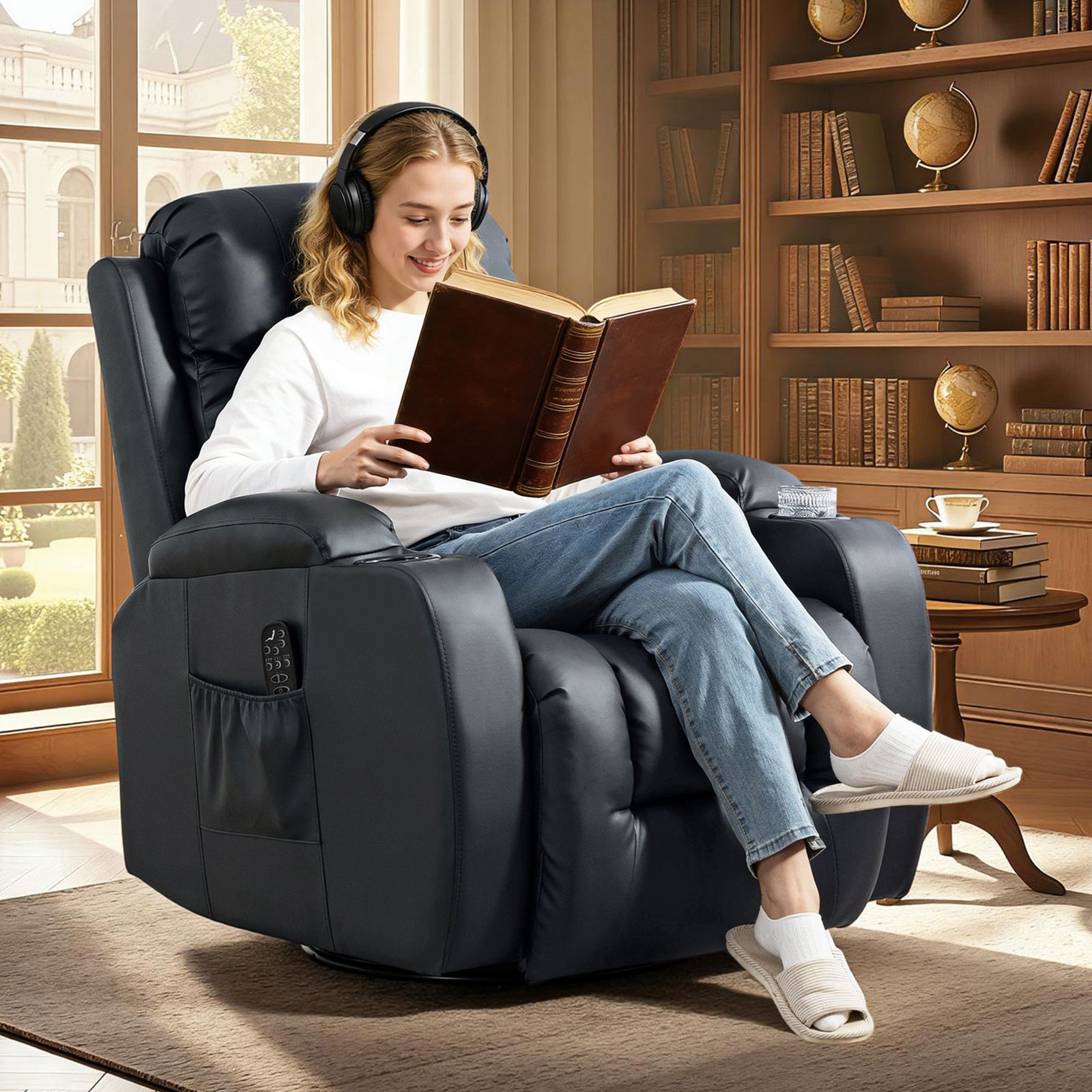 HOMCOM PU Leather Recliner Chair, Recliner Armchair with Extended Footrest, Cup Holders and Side Pockets, Black