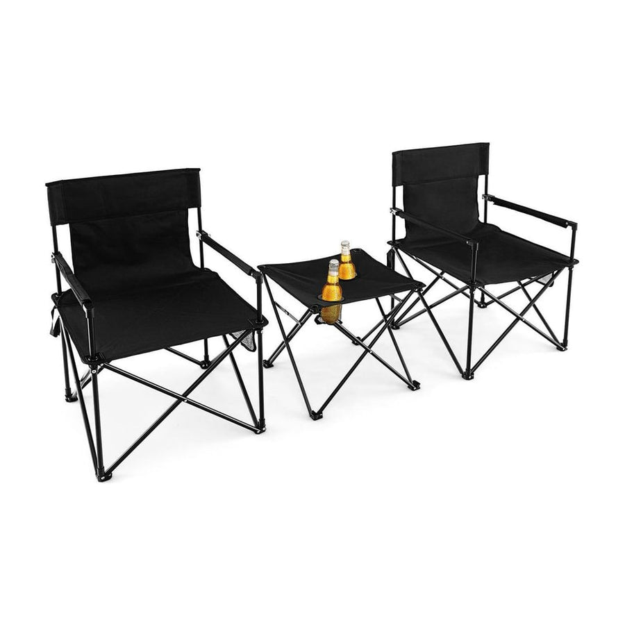 Outdoor Folding Camping Chairs and Table Set in black with two chairs and a small central table