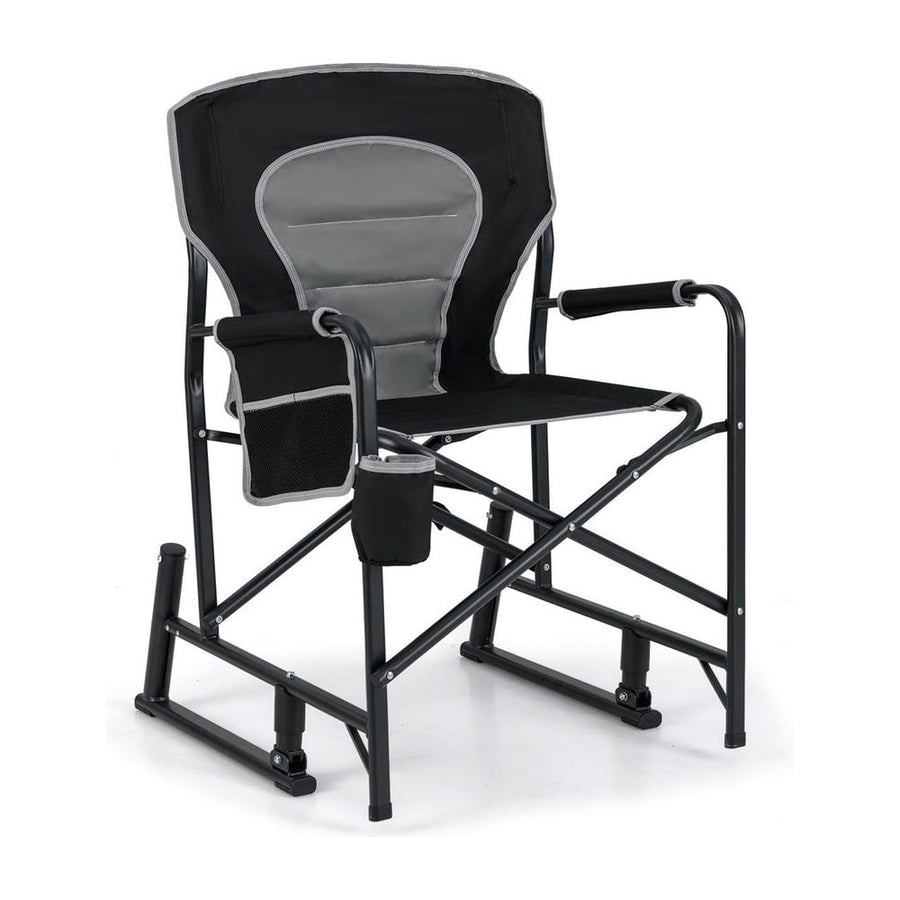 Outdoor Rocker Camping Chair in black with grey padding, a cup holder and side pocket