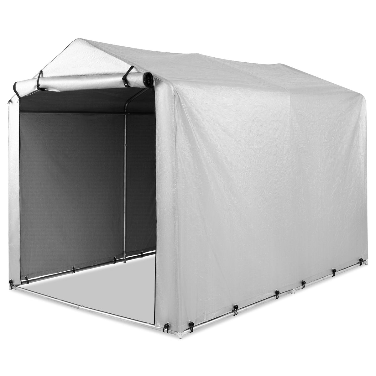 Outdoor Storage Shed, a portable garage shelter for bikes, shown from the front with the door open