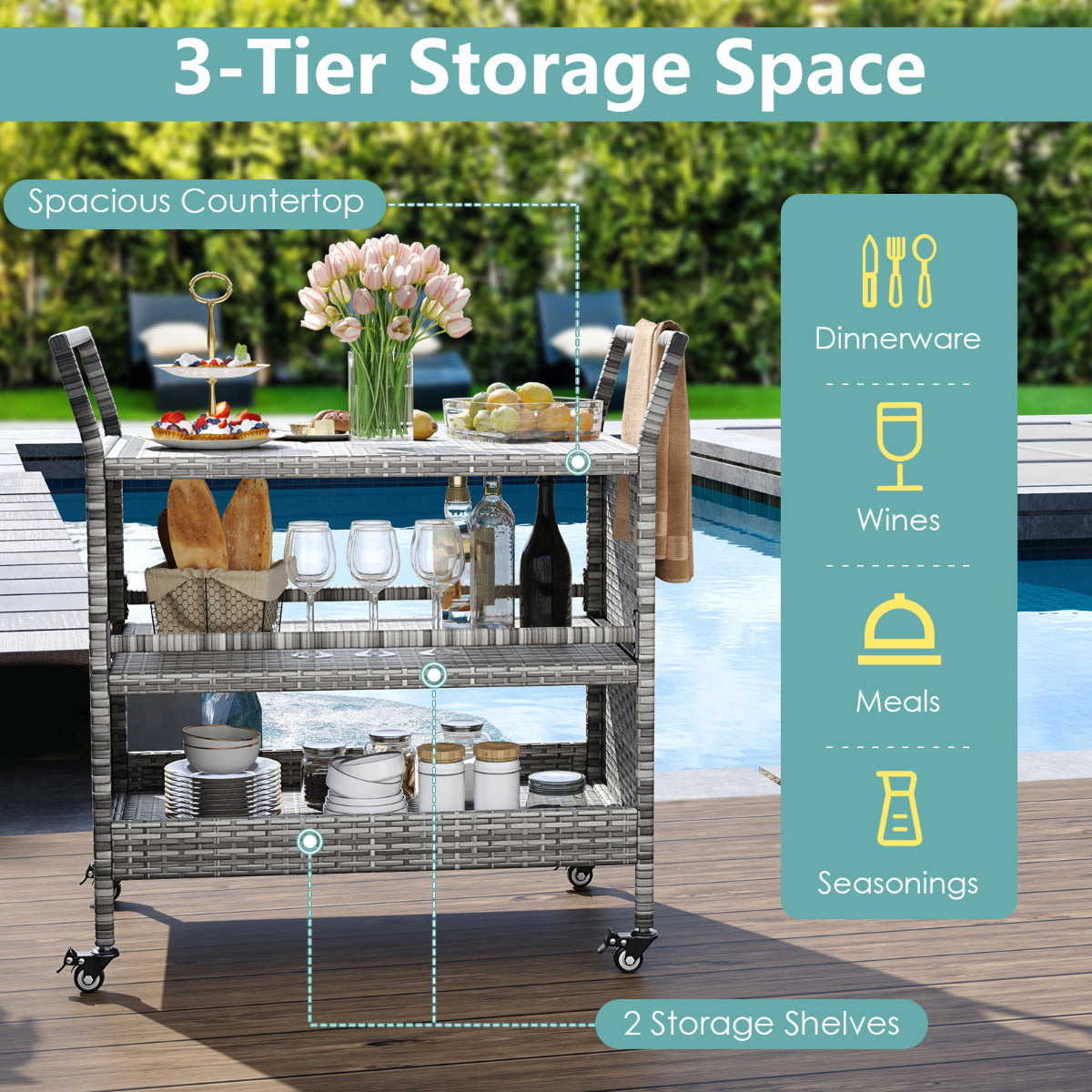 Outdoor Bar Cart 3-Tier Patio Rattan Storage Shelf Wicker Serving Table