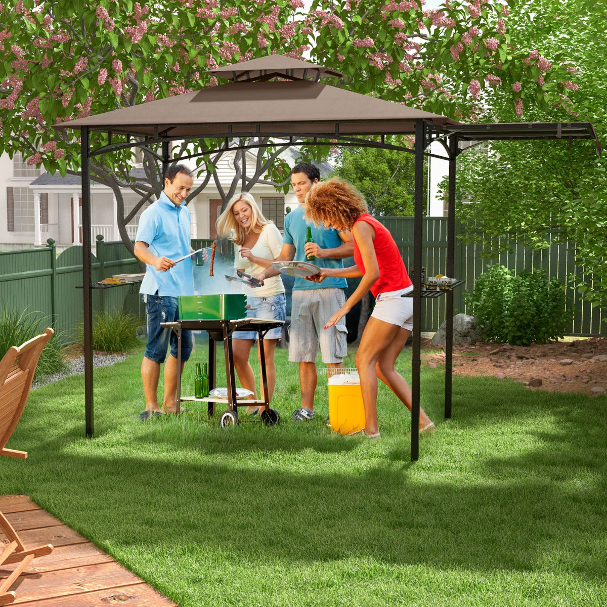 Outdoor Barbecue Canopy Tent Grill Gazebo with Side Awning-Brown