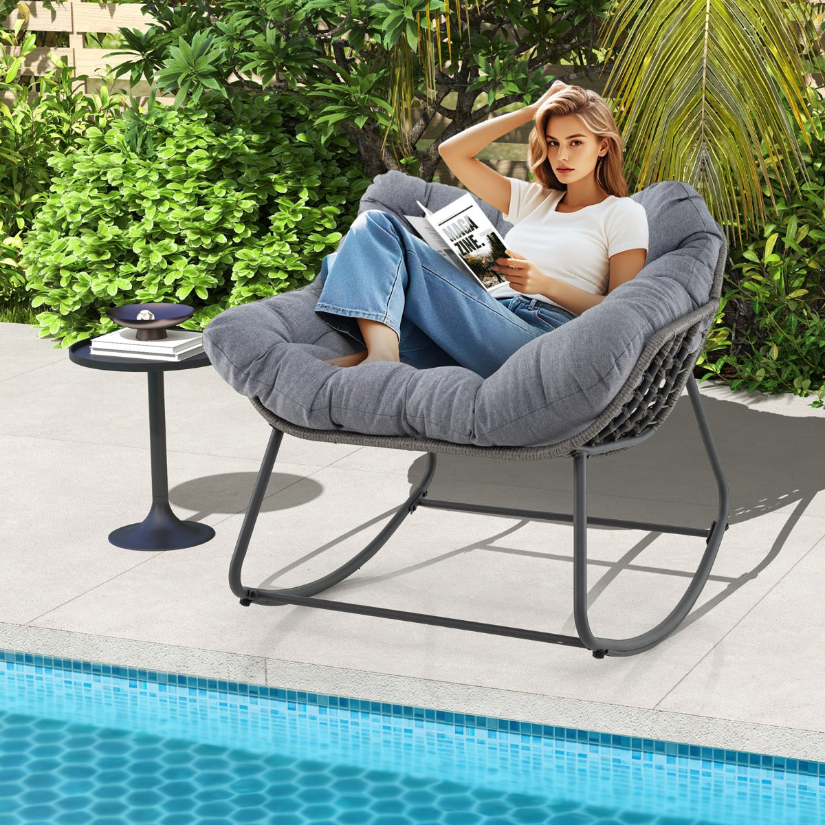 Outdoor Rocking Chair with Thick and Removable Cushion-Grey