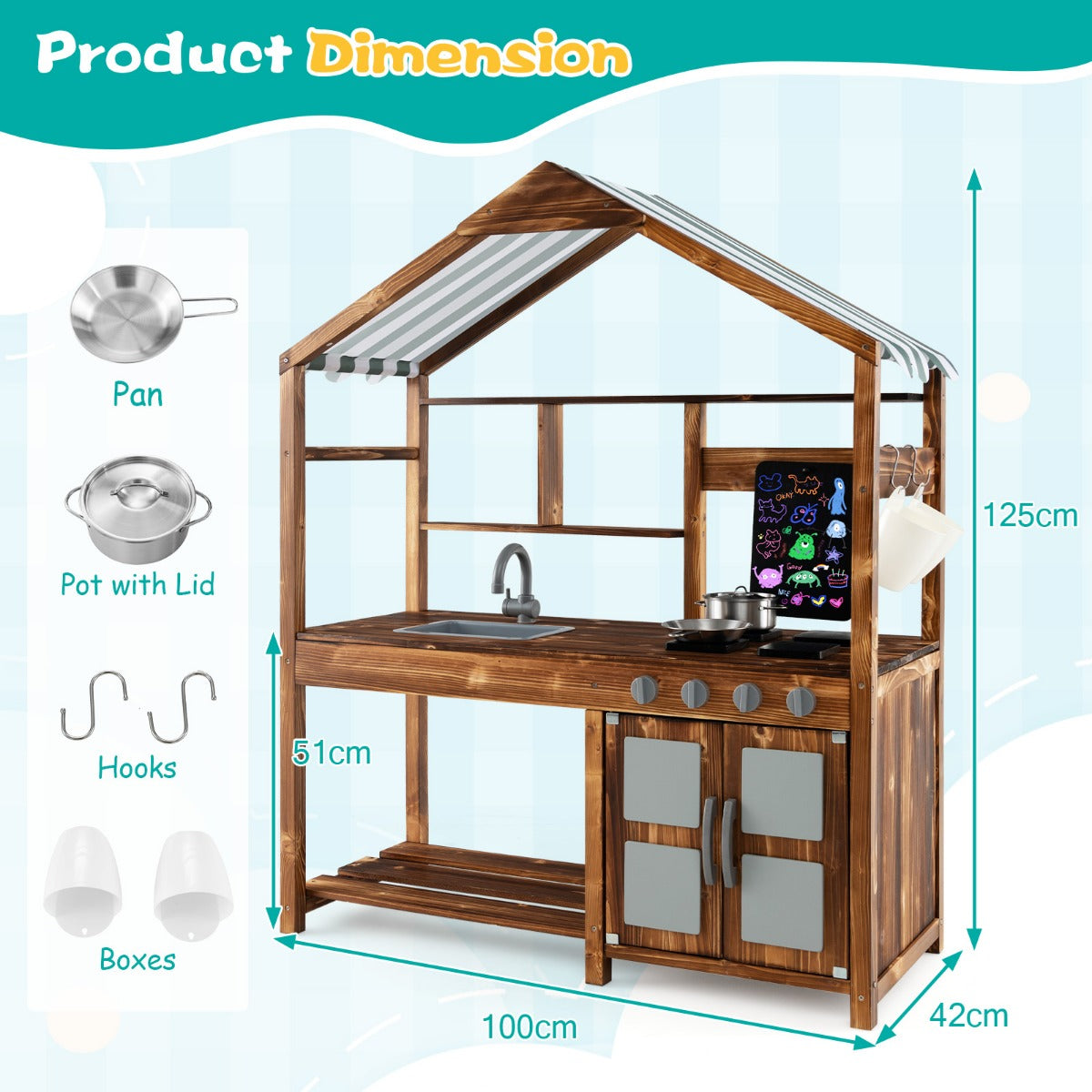 Outdoor Solid Wood Mud Kitchen with Canopy and Rotatable Faucet-Natural