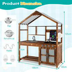 Outdoor Solid Wood Mud Kitchen with Canopy and Rotatable Faucet-Natural