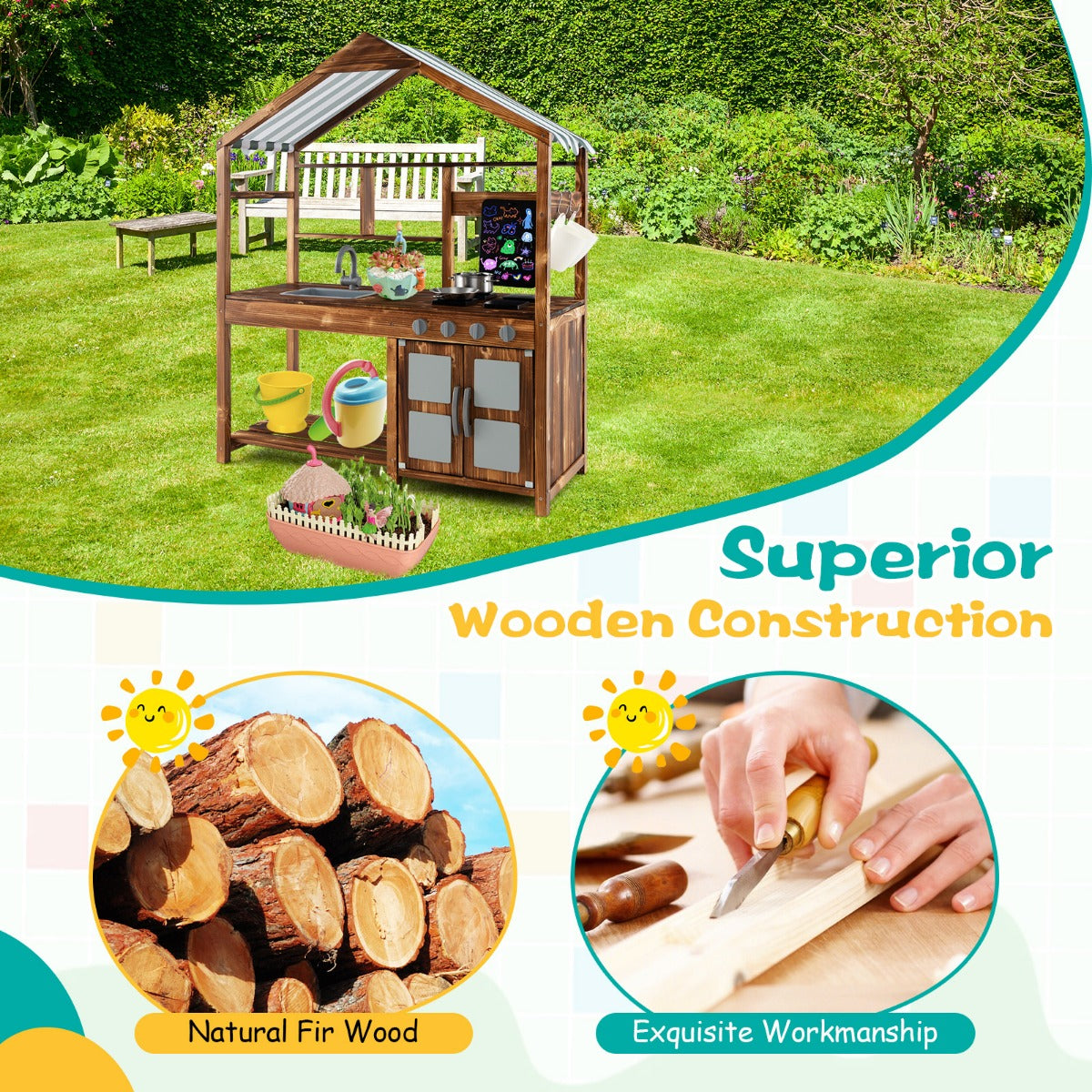 Outdoor Solid Wood Mud Kitchen with Canopy and Rotatable Faucet-Natural
