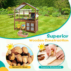 Outdoor Solid Wood Mud Kitchen with Canopy and Rotatable Faucet-Natural